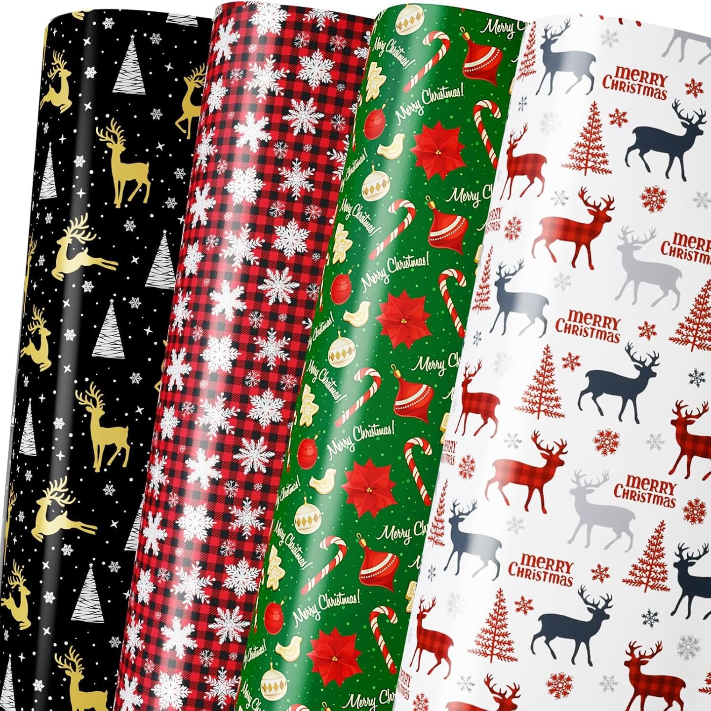 Christmas Wrapping Paper for Women Men Boys Girls,12Pcs Xmas Gift Wrapping Paper with Reindeer, Christmas Tree, Snowflakes, &#x22;Merry Christmas&#x22; Words, Candy Canes, Bells, Holiday Gift Wrap 20&#xD7;29 Inch