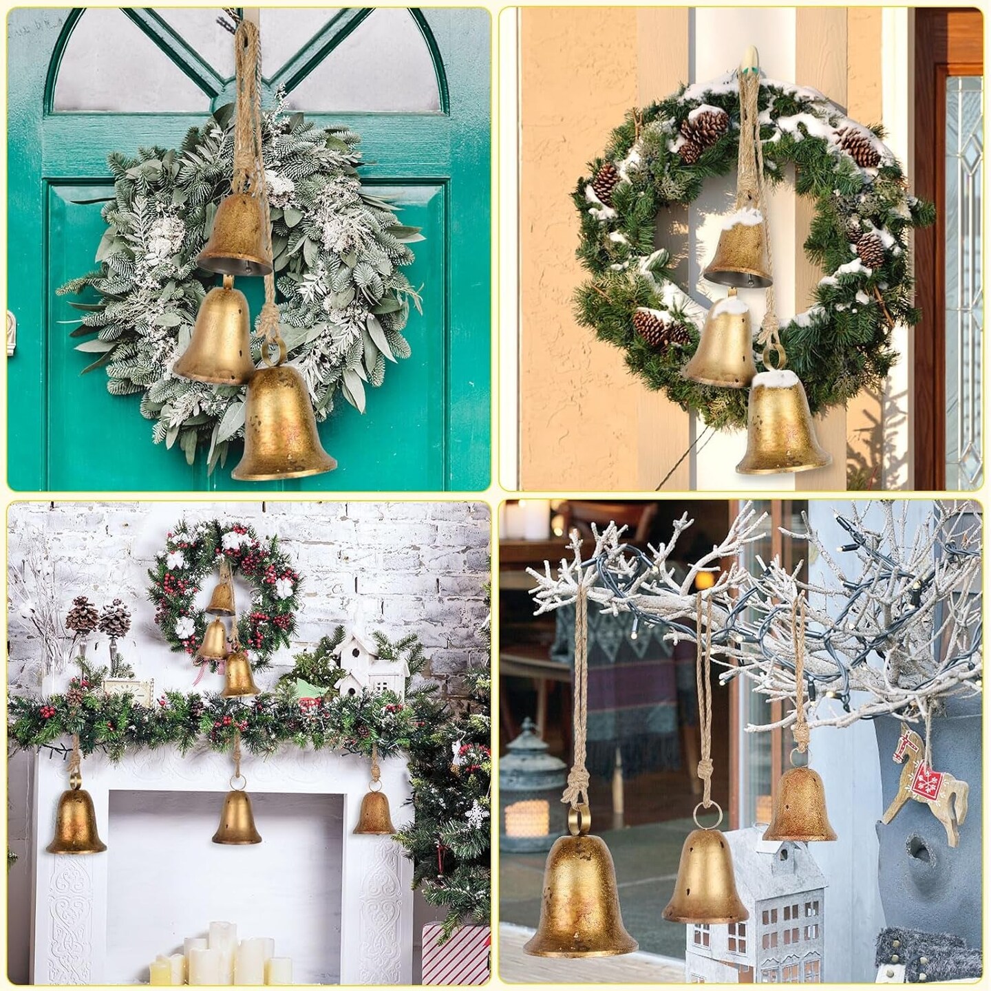 3 Pcs Handmade Rustic Christmas Bells, Vintage Iron Bells with Jute Rope for Hanging, 3 Sizes Antique Lucky Bells for Christmas Decor