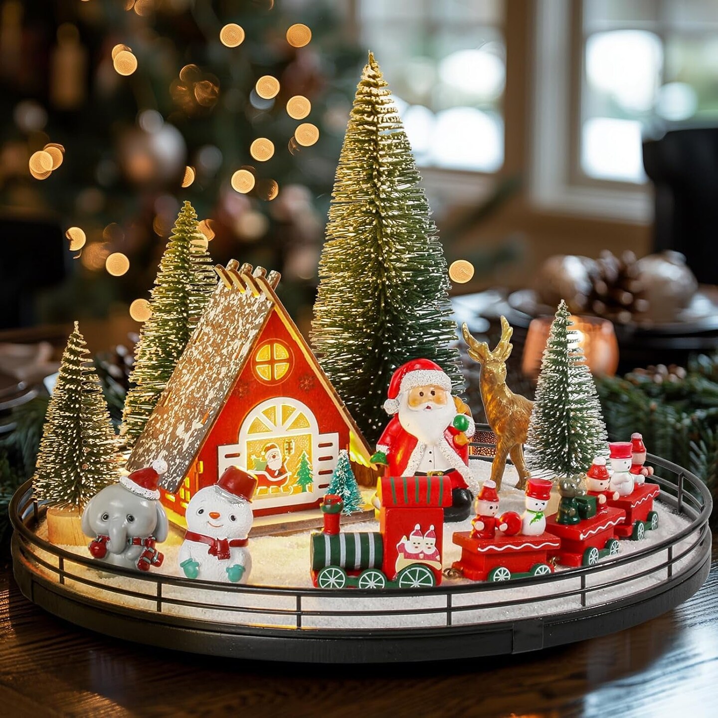12 Pcs Christmas Table Decorations Indoor Christmas Village Sets, Winter Xmas Holiday 13&#x201D; Lazy Susan with Light-Up House Christmas Trees Santa Snowman Table Centerpieces Town Building Collection D&#xE9;cor