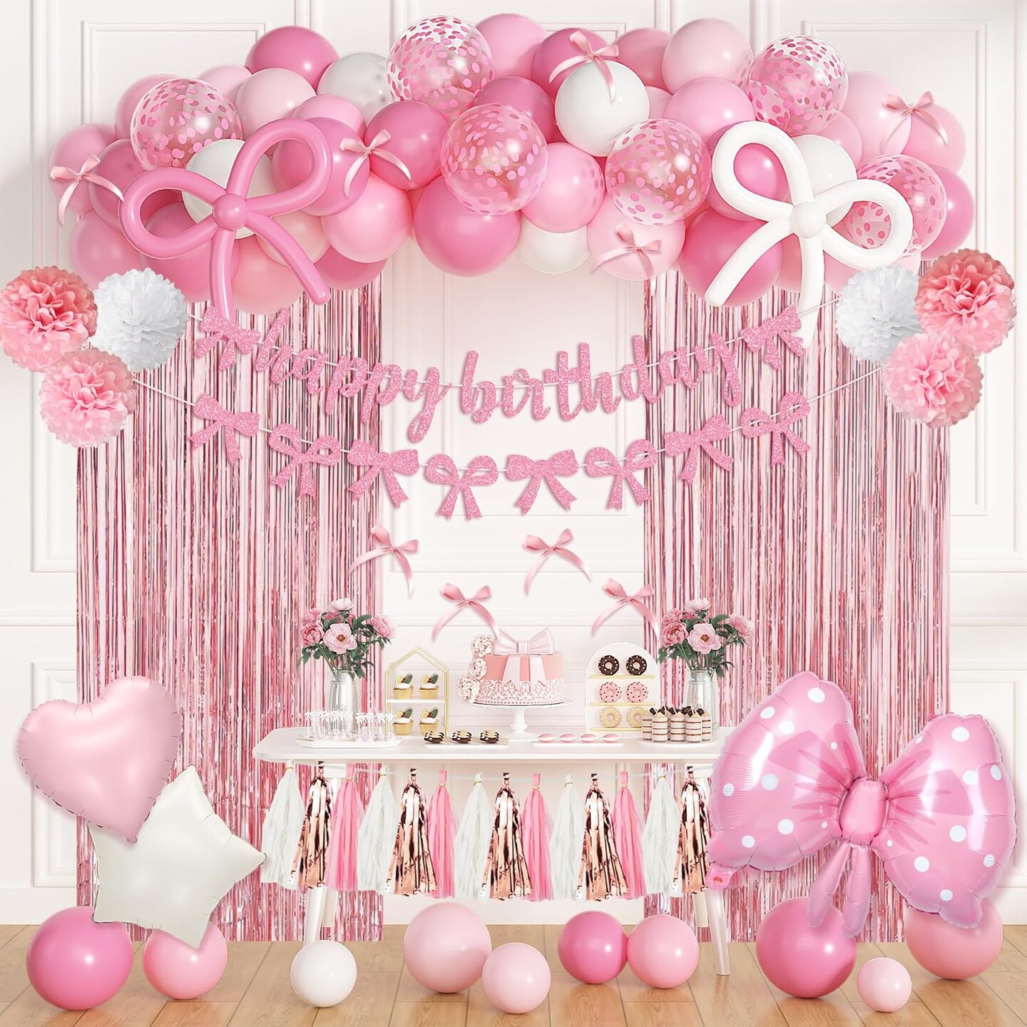 Pink Bow Birthday Party Decorations, Coquette Bow Light Pink and White Confetti Long Balloons Happy Birthday Banner Fringe Curtain Tassel Pompoms for Women Girls Theme Baby Shower Party Decorations