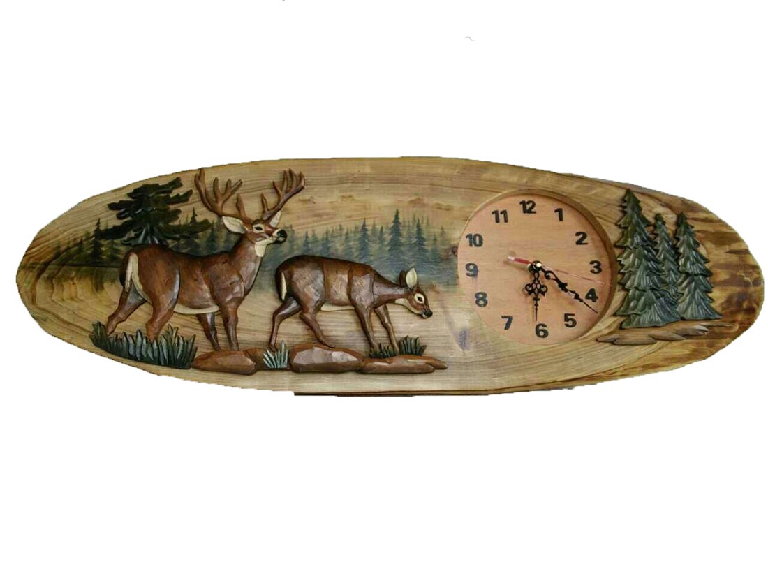 Deer Family Hand Crafted Intarsia Wood Art Wall Clock 13 X 32 X 3 Inches