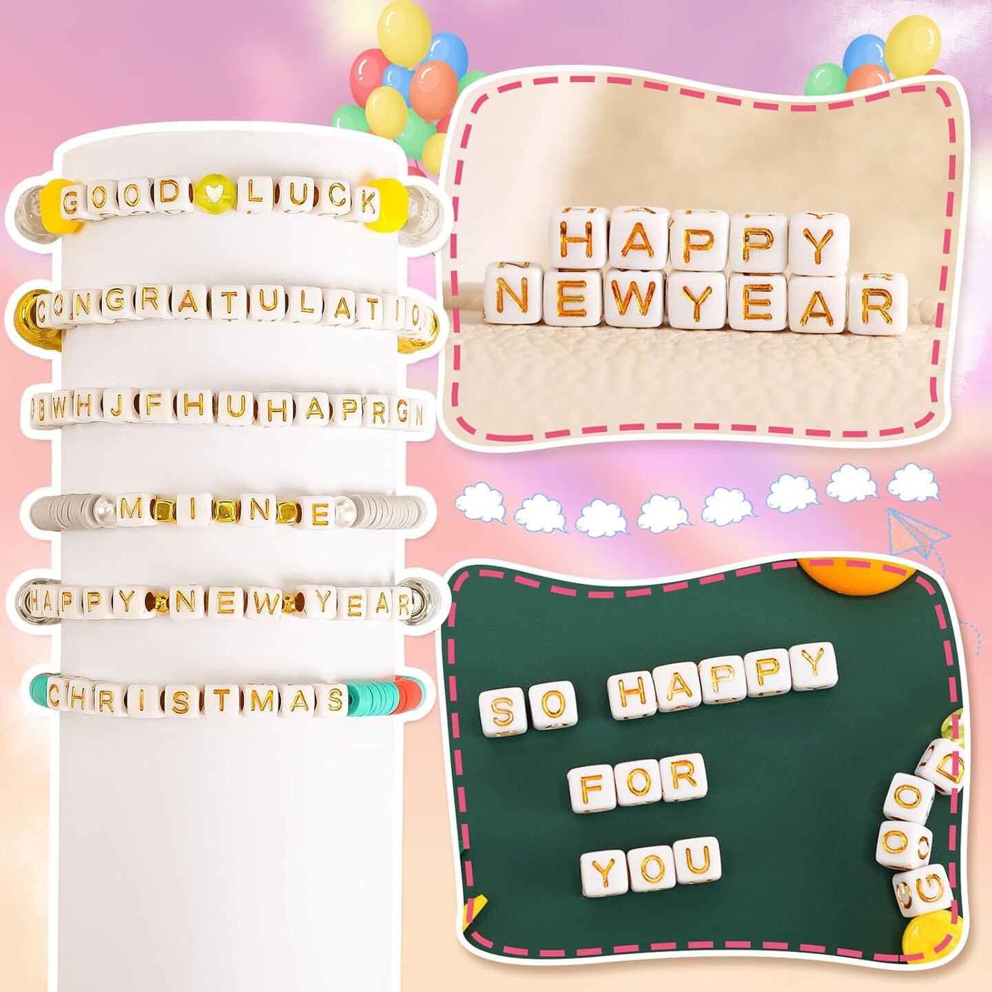 1400pcs Square Acrylic Gold Alphabet Beads A-Z Cube Letters Beads for Bracelets Necklaces Phone Lanyard Making with 1 Roll Crystal String Cord for Jewelry Making(6 m