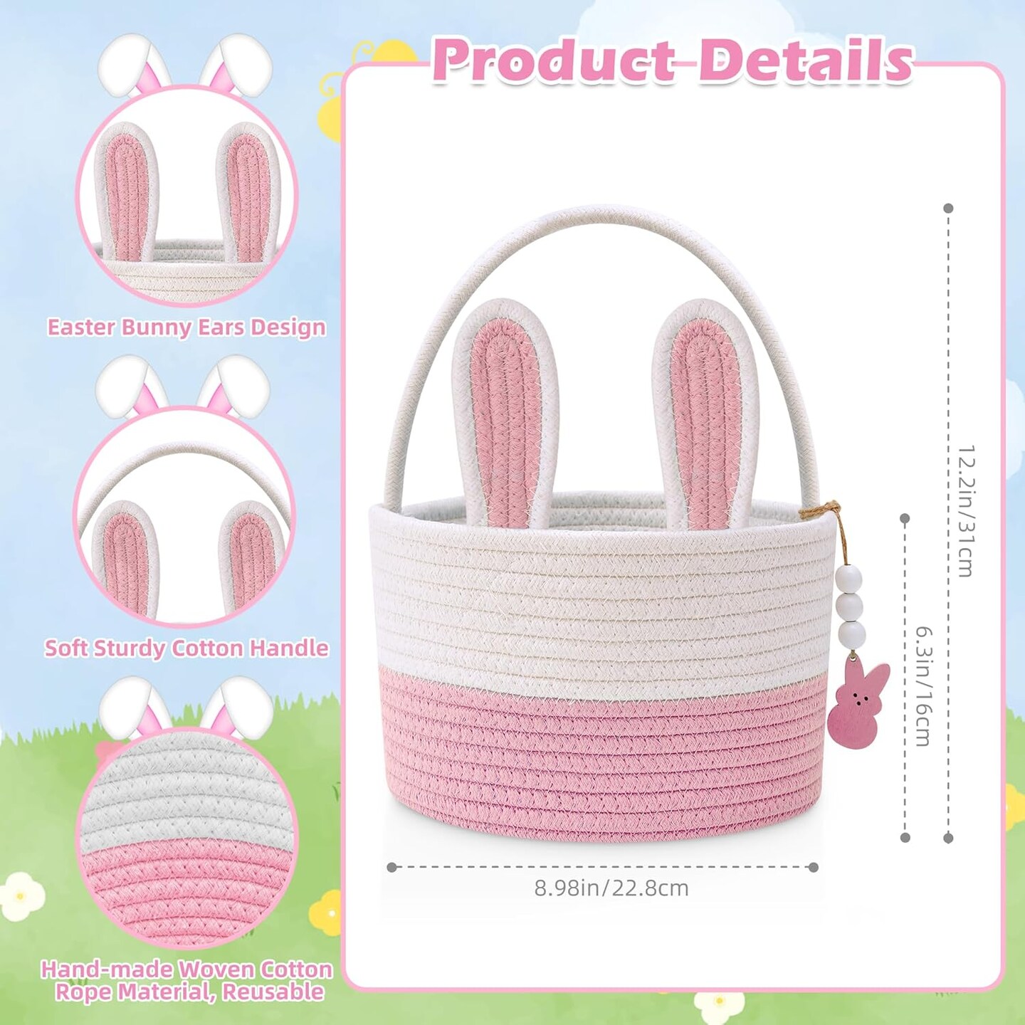 Easter Baskets for Kids, Pink Large Woven Rope Bunny Personalized Easter Basket Empty with Handle, Basket Name Tag, Baby Egg Easter Baskets for Girls, Boys, Toddler, Babies, Infant, Easter Gifts