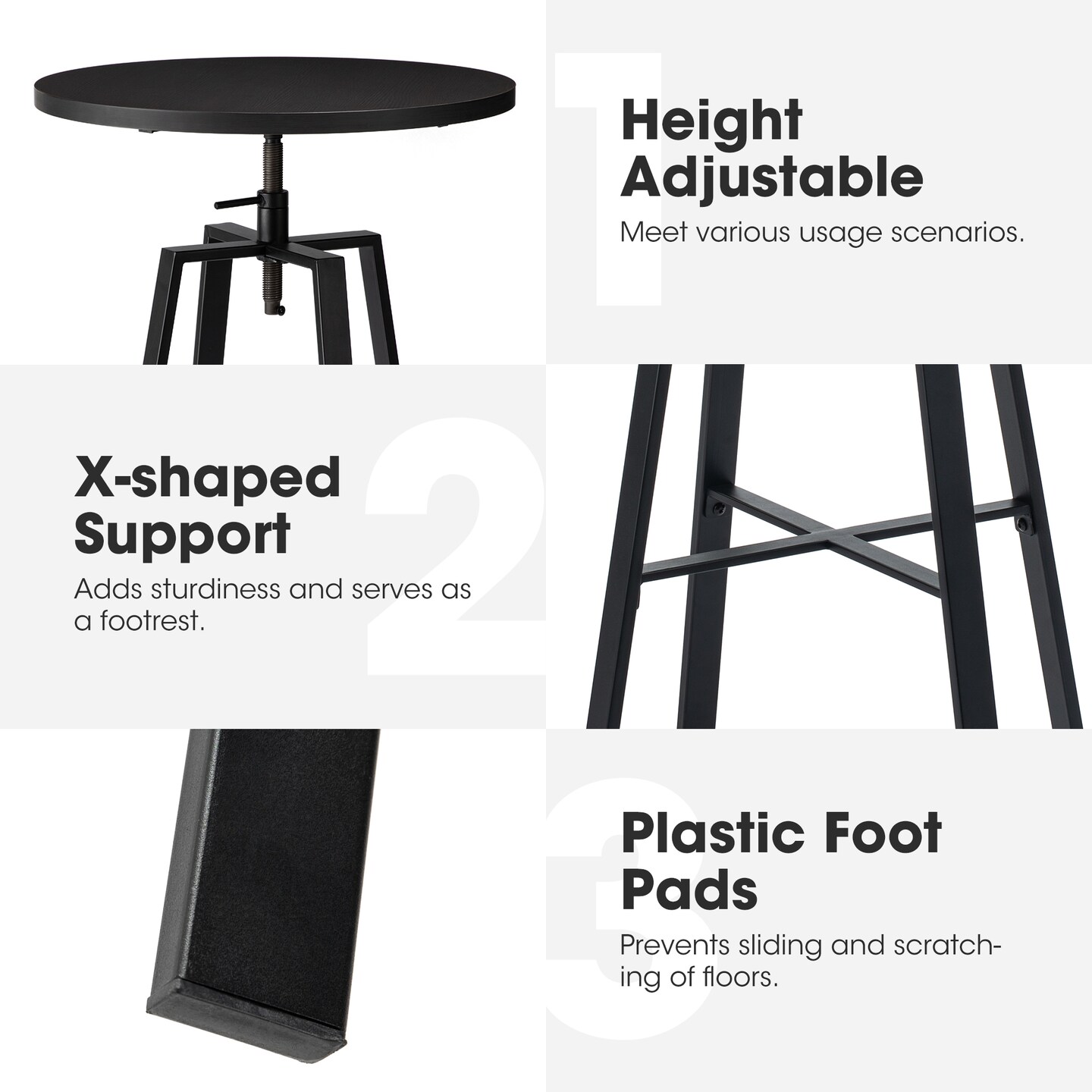 Pub Table/Stools Set - Modern Adjustable Round Bar Table and Round Black Steel Bar Stools