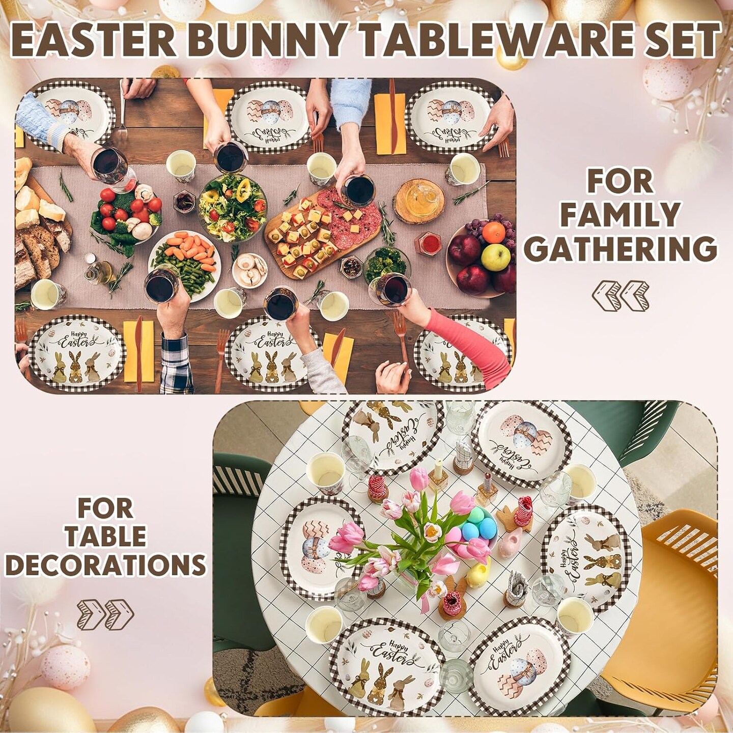 350 Pcs Easter Bunny Party Supplies Happy Easter Disposable Tableware Set Buffalo Plaids Eggs Oval Paper Plates Cups Napkins Fork Knife Spoon for Spring Party Table Decorations(Bunny)