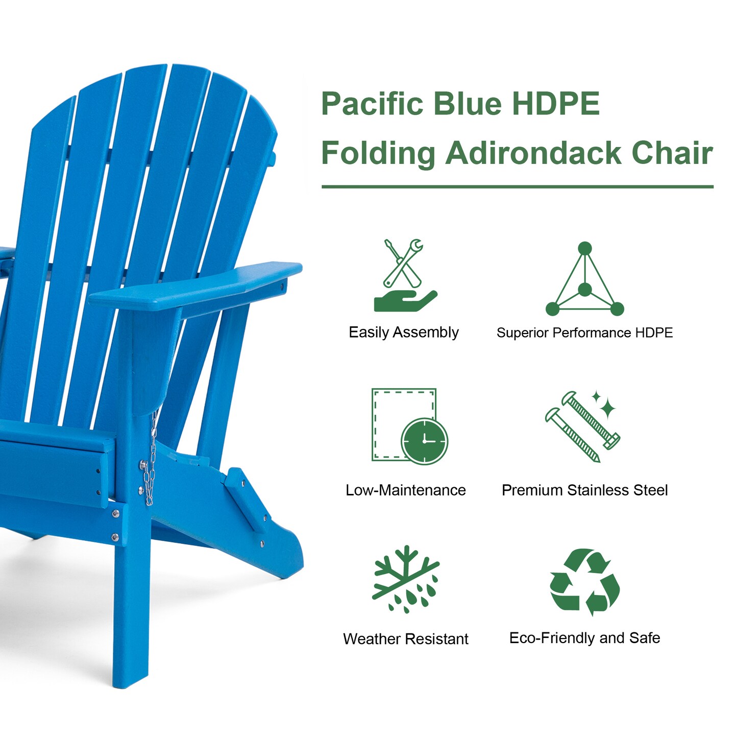 Pacific Blue HDPE Folding Adirondack Chair &#x26; Table Set