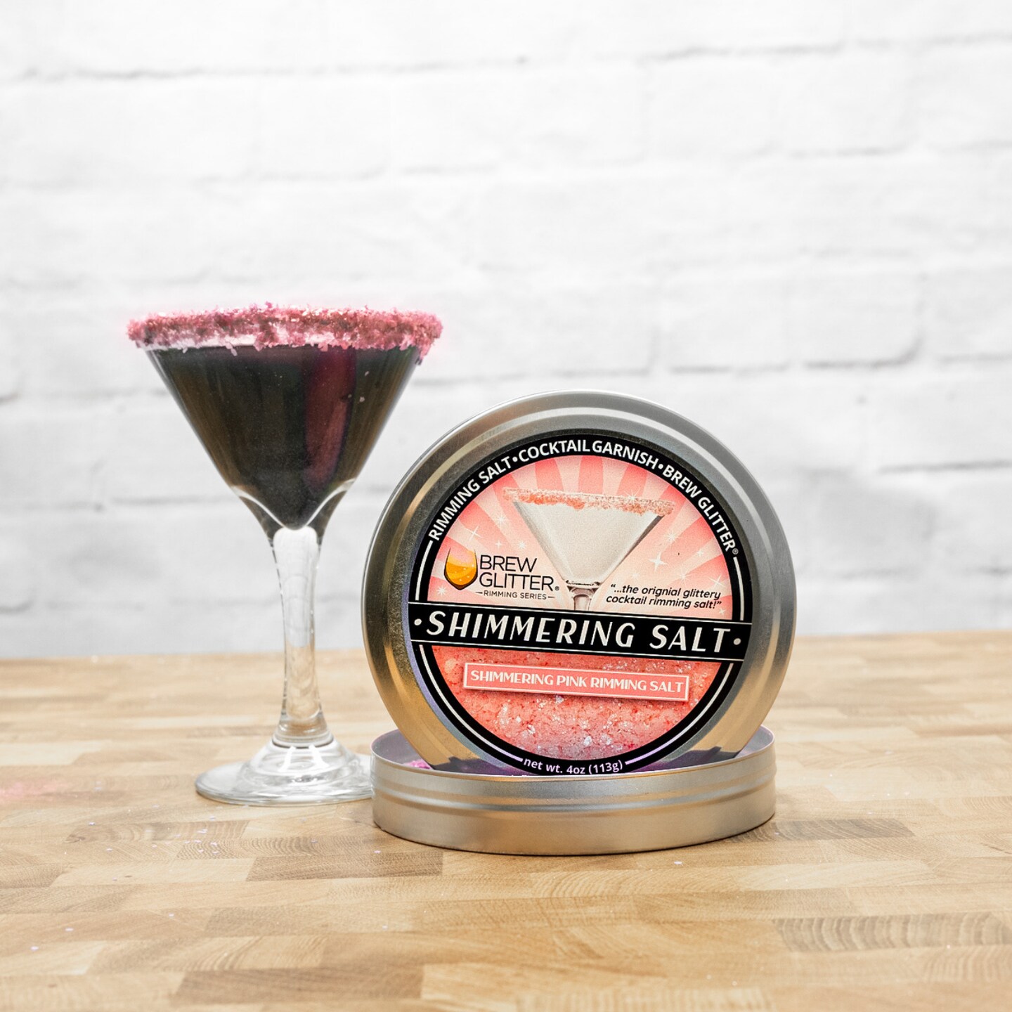 Brew Glitter - Shimmering Pink Rimming Salt (4oz, 1x Bar Tin) Edible Glitter Blended Cocktail Garnish for Mixed Drinks and Beverages
