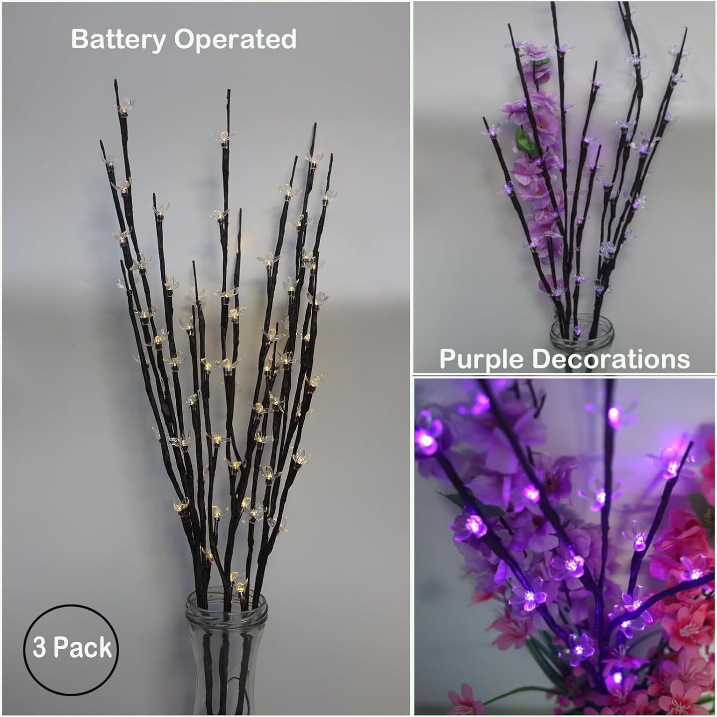 Battery Operated Branch Lights, 3 Pack 27.6&#x201D; 60 LED Lighted Decorative Artificial Cherry Blossom Twig Flower Lights for Vase Filler Decor Christmas Easter Room Indoor Lighting (Purple)