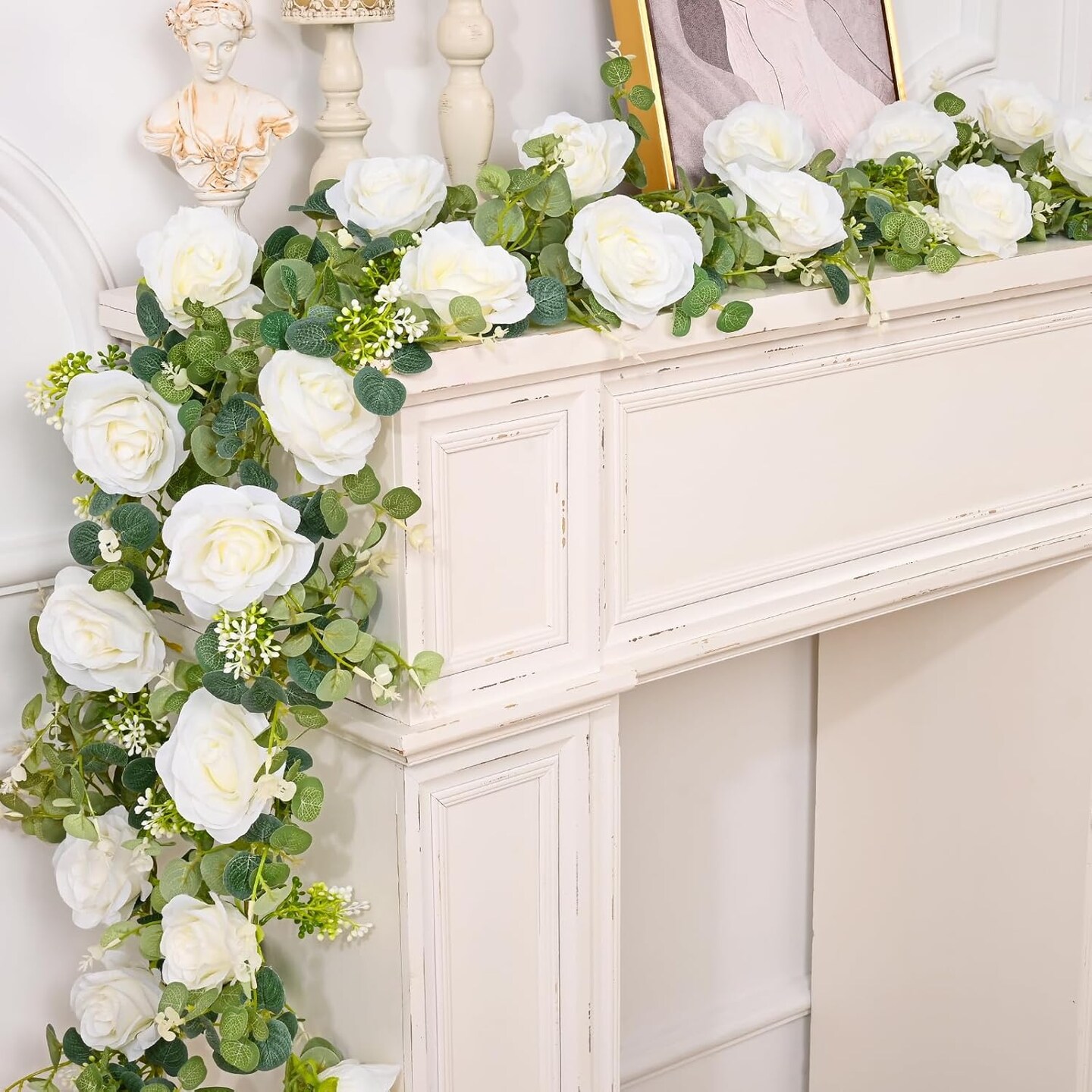 2 Pcs 13FT Artificial Eucalyptus Garland with Flowers, Rose Vine Flower Garland, Silk White Rose Garland Faux Floral Garland for Table, Wedding, Bedroom, Party, Wall Decor