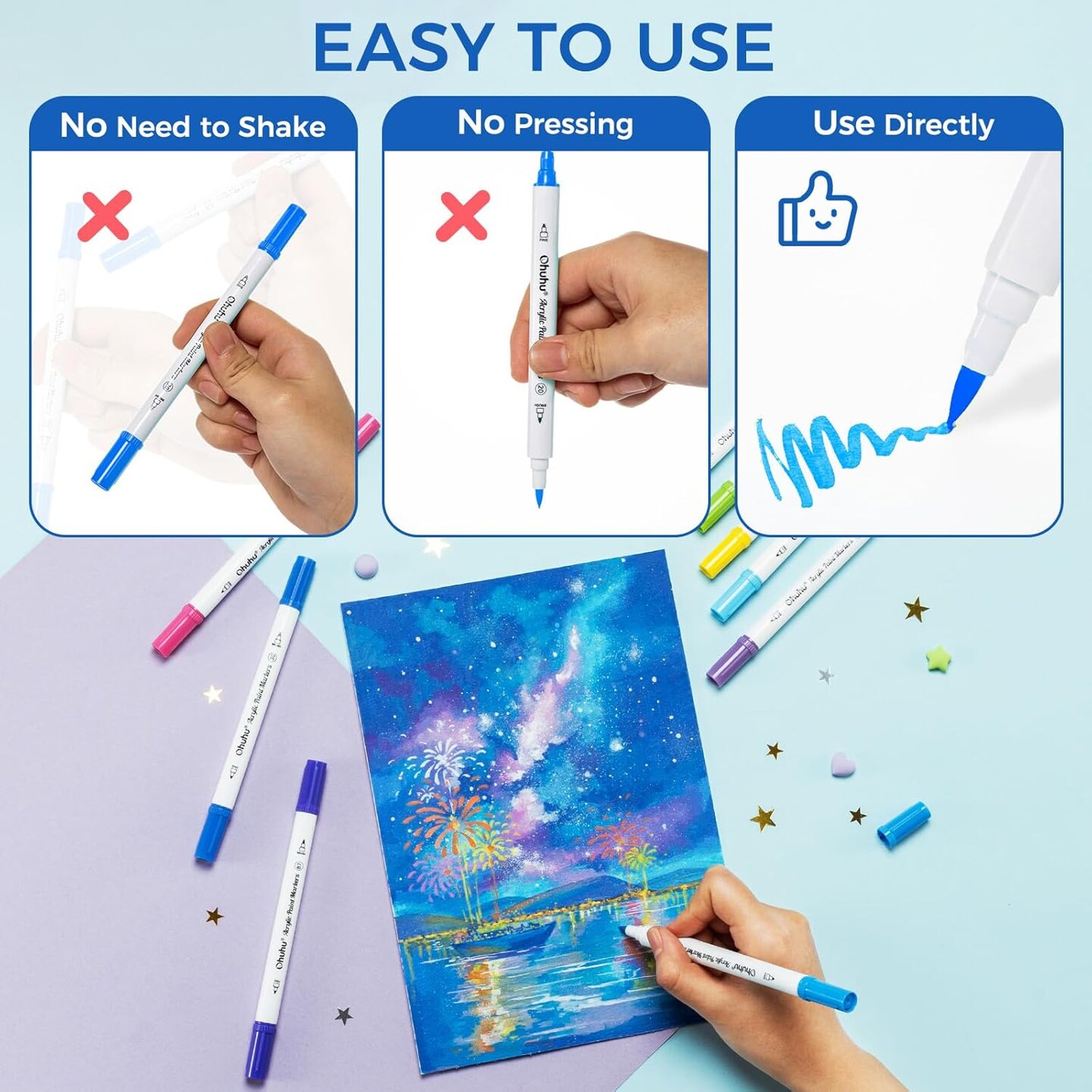 Ohuhu Acrylic Paint Markers Cotton-core: 36 Colors Dual Tips Paint Pens High Opacity Acrylic Markers Waterproof Lightfast for Rock Painting Easter Eggs Wood Glass Ceramic Canvas- Brush &#x26; Dot/ Fine &#x26; Dot/ Brush &#x26; Fine