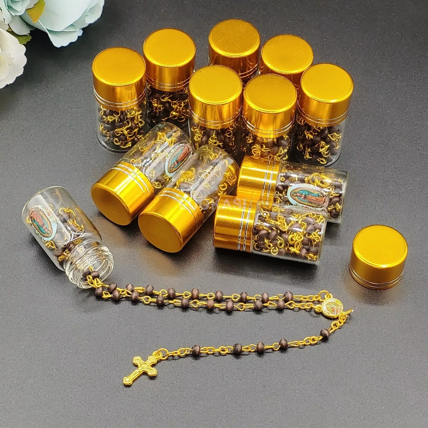 12 Black Beads Rosary Crucifix Cross in Glass Bottle Beaded Baptism Christiening