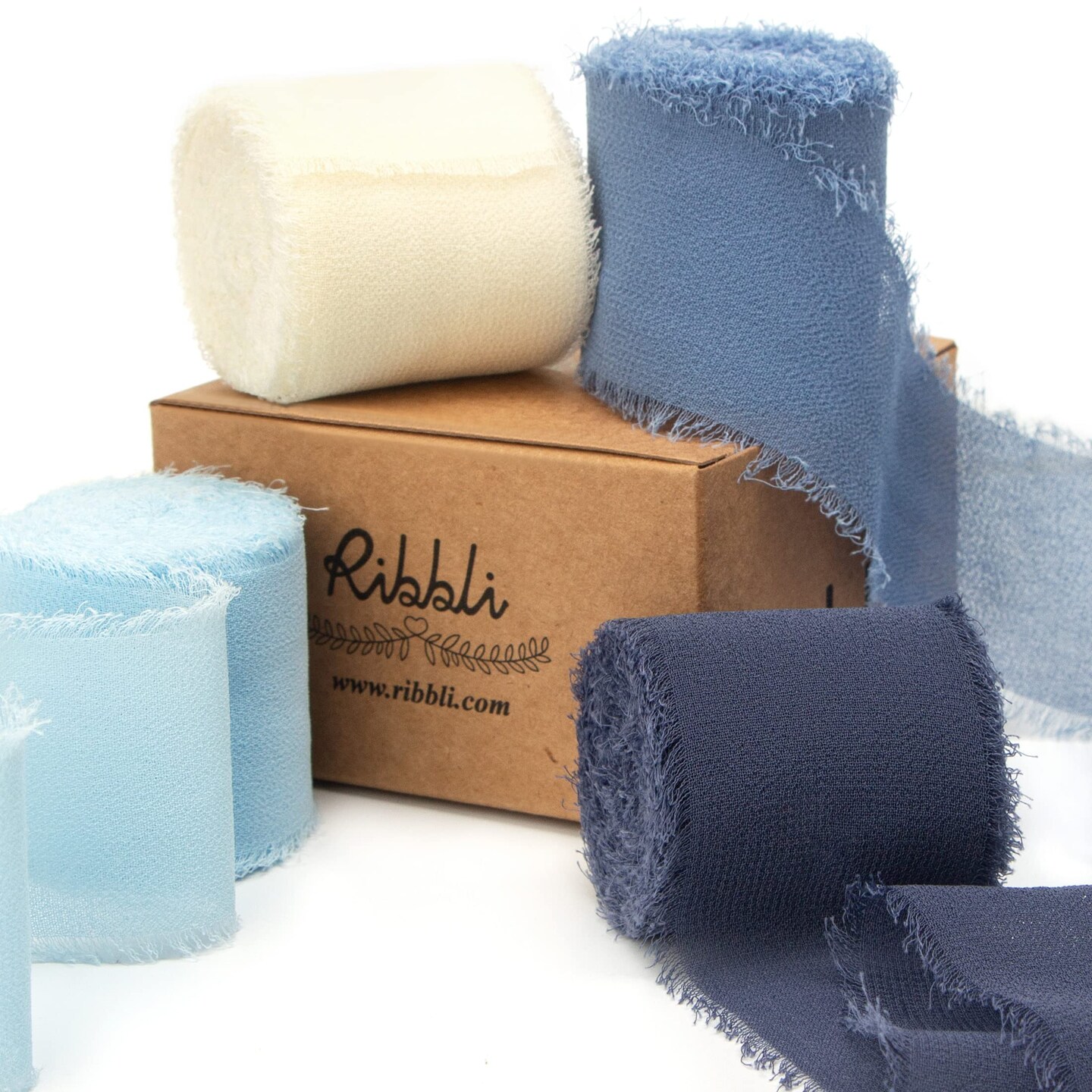 4 Rolls Dusty Blue Chiffon Ribbon Set,Handmade Fringe Silk Ribbon Gauze,1.5 in x 5Yd Each,Ivory/Pastel Blue/Dusty Blue/Dark Blue Ribbon for Wedding Invitations, Bridal Bouquets Wrapping