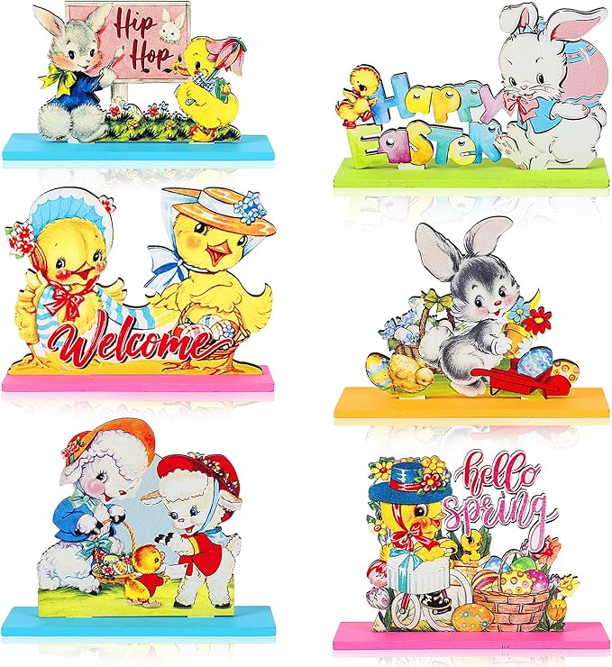6Pcs Easter Wooden Table Sign Decoration Spring Freestanding Wood Tabletop Centerpiece Signs Retro Happy Easter Eggs Bunny Chick for Home Table Tiered Tray Party Decor