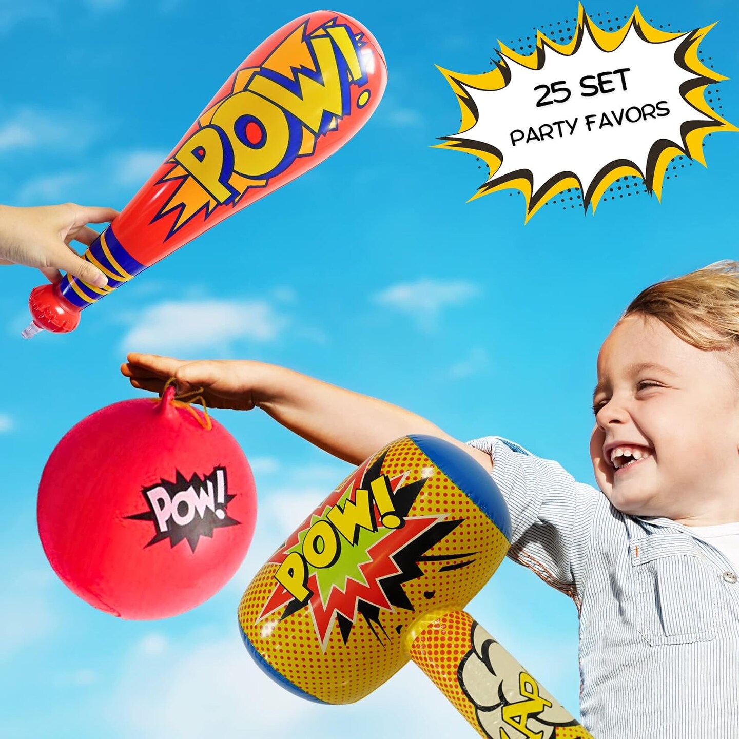 4E's Novelty 25 Piece Set Inflatable Baseball Bats With Pow Design, 12 Punch Balloons For Kids, 1 Huge 30" Bopper For Super Hero Birthday Bat, Carnival Prizes, And Baseball Bat Blow Up Fun, Ages 3+