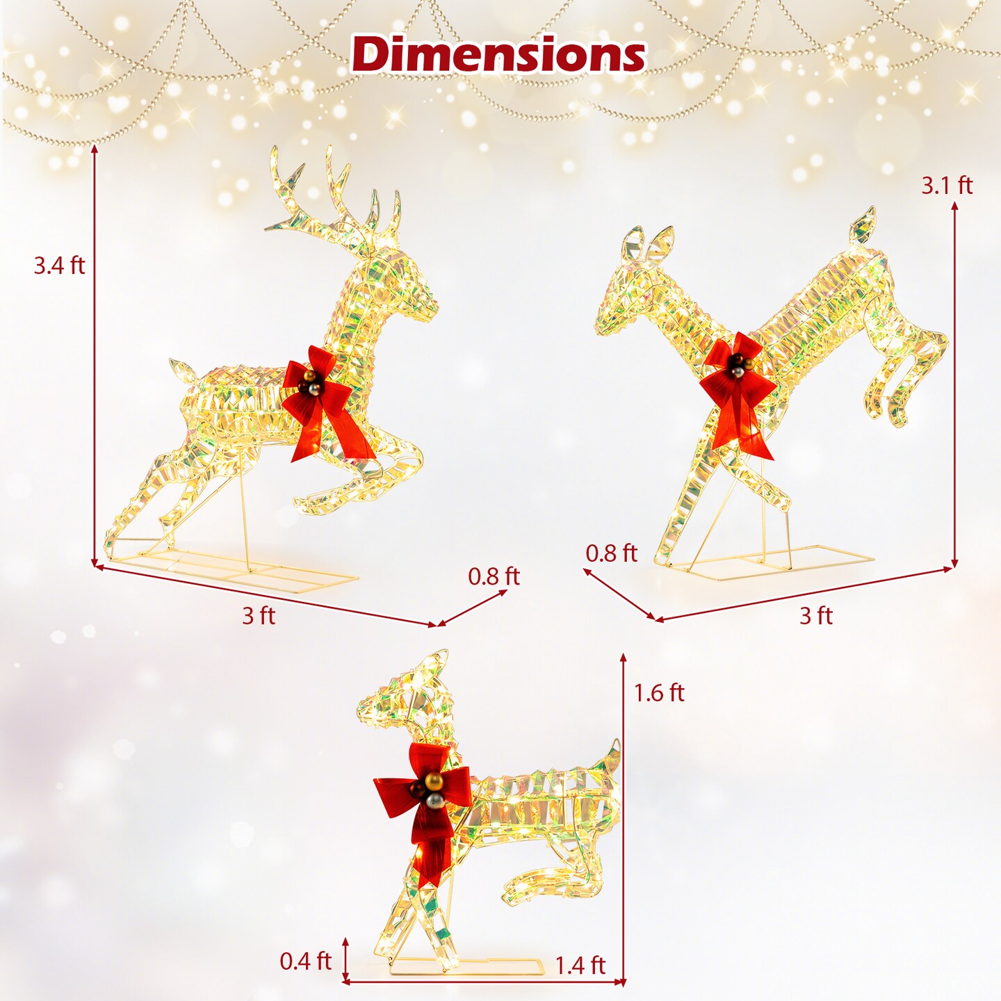 3-Piece Lighted Christmas Reindeer Family with LED Lights and Bows