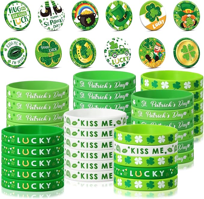 72 Pieces St. Patrick&#x27;s Day Party Favors Including Green Shamrock Bracelet Lucky Rubber Wristbands Irish Clover Badges Bulk for Saint Patrick&#x27;s Day Accessories Set Birthday Party Supplies Decor