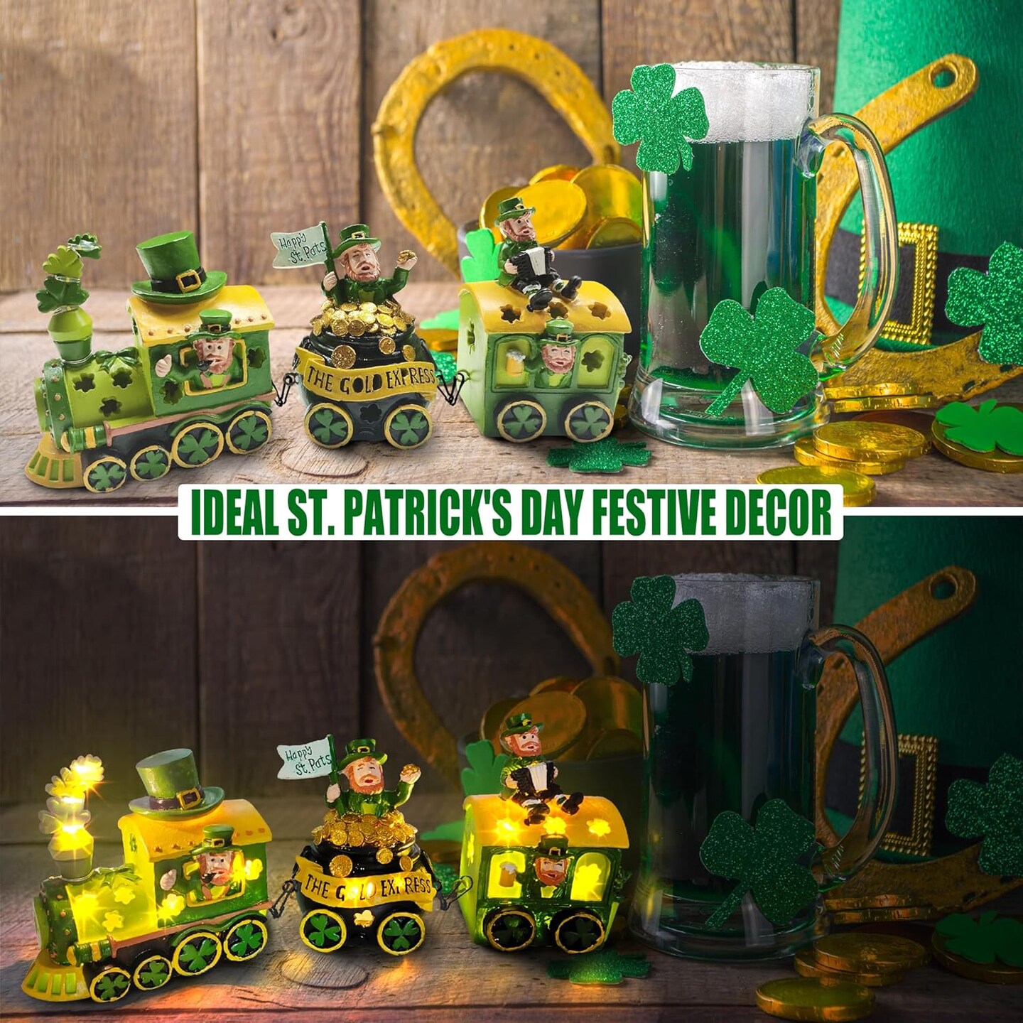 St Patricks Day Decorations Train, Lighted Saint Patrick Decor for Tabletop, Leprechaun Lighted Centerpieces Table, Ireland Decorations for Home Outdoor Party Decorations Figurines Green
