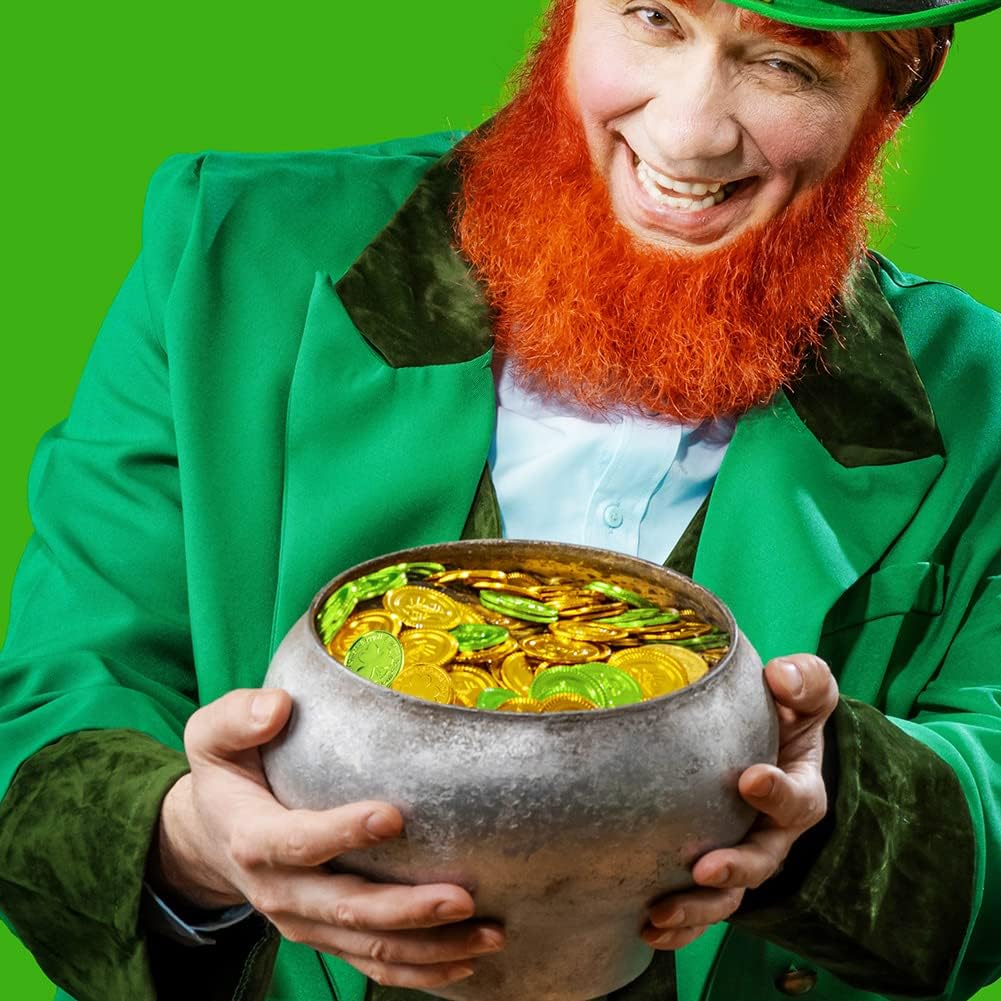 St. Patrick's Day Gold Coins, 120 Pieces Gold Green Lucky Coins Plastic Shamrock Leprechaun Coins, 3-Leaf Clover Coin Table Scatter Decoration for St. Patrick's Day Party Favors