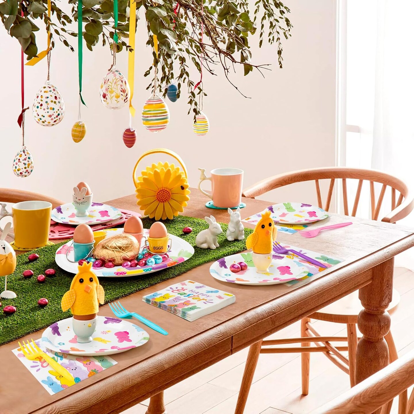 96Pcs Easter Bunny Peeps Party Plates Supplies - Happy Easter Rabbits Party Tableware Decorations Disposable Paper Plates Napkins Forks for Kids Spring Birthday Baby Shower, Serves 24