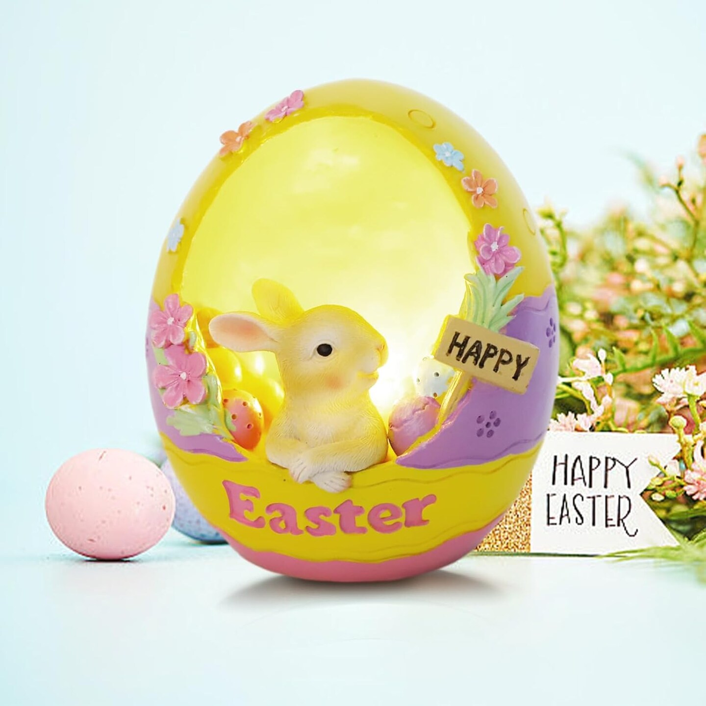 Lighted Easter Bunny Egg Decorations, Easter Rabbit Egg Figurines Tabletop Resin Figurine