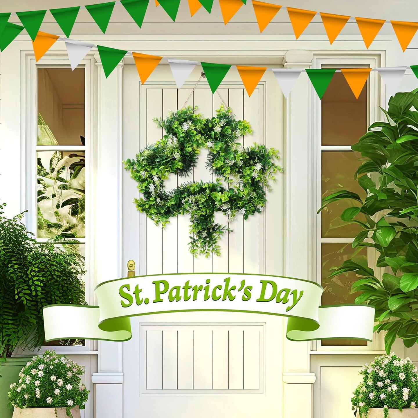 St Patricks Day Wreath for Front Door St Patricks Day Decorations 17 Inches Artificial Lucky Shamrock Door Wreath