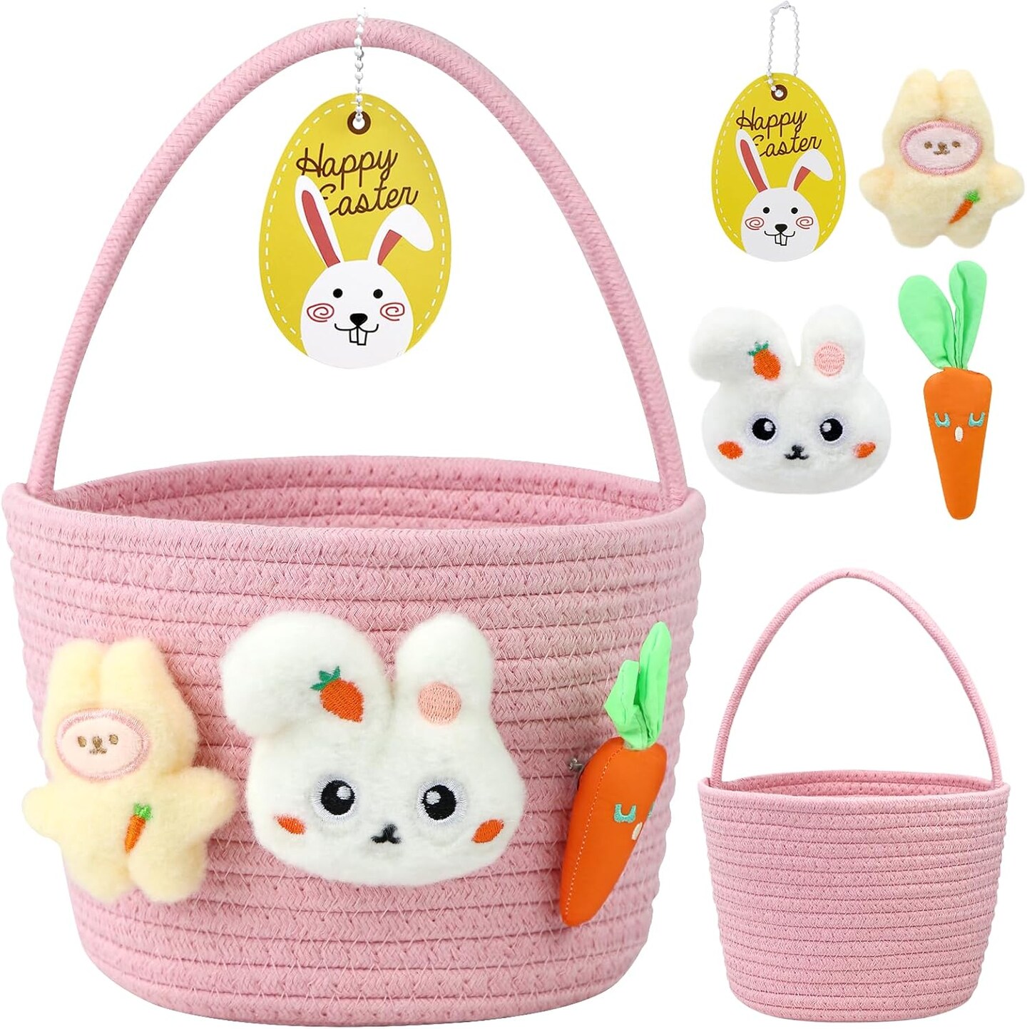 Easter Basket, Easter Baskets for Kids, Boys Easter Basket, Easter Basket for Boys Girls Baby Kids Includes Three Small Personalized Plush Dolls and Decorative Card (Pink)