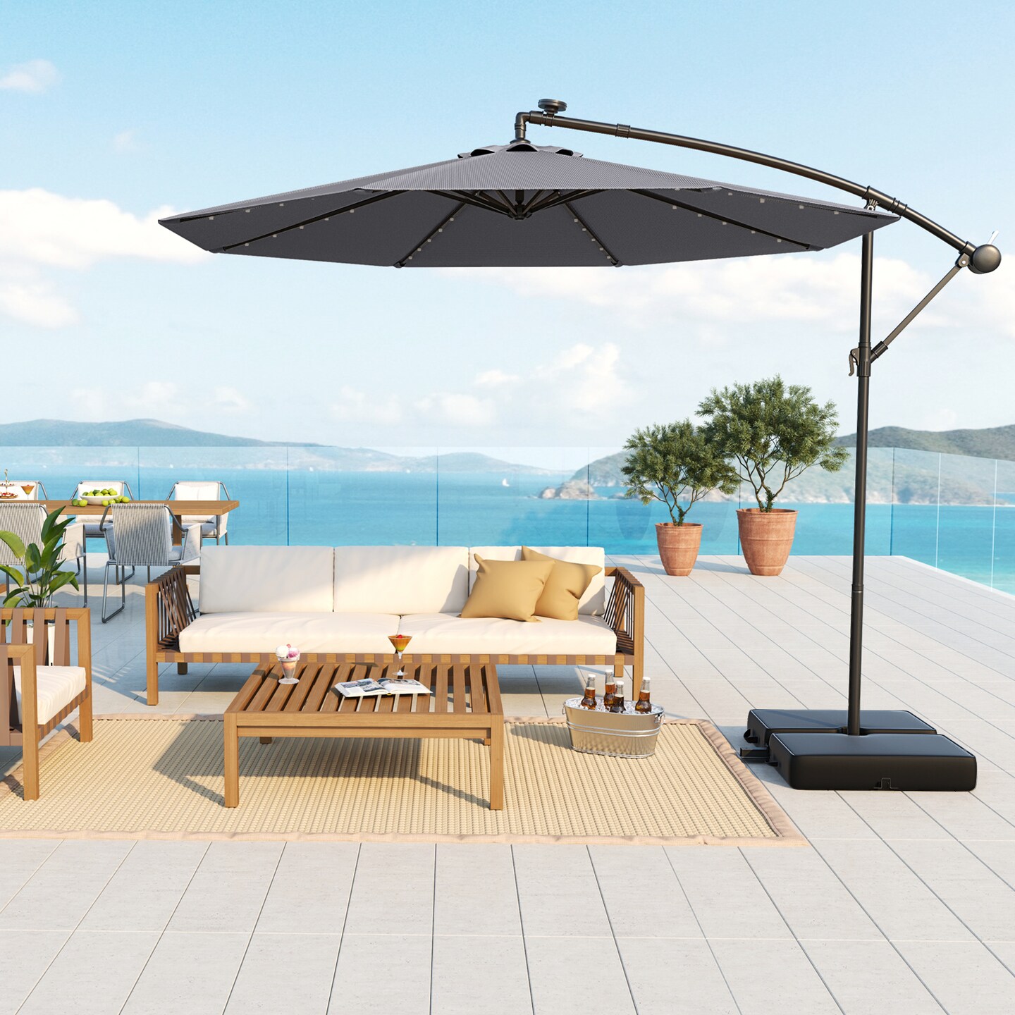10 Ft Beige Steel Offset Cantilever Patio Umbrella with 40 Solar Powered LED Lights and Adjustable