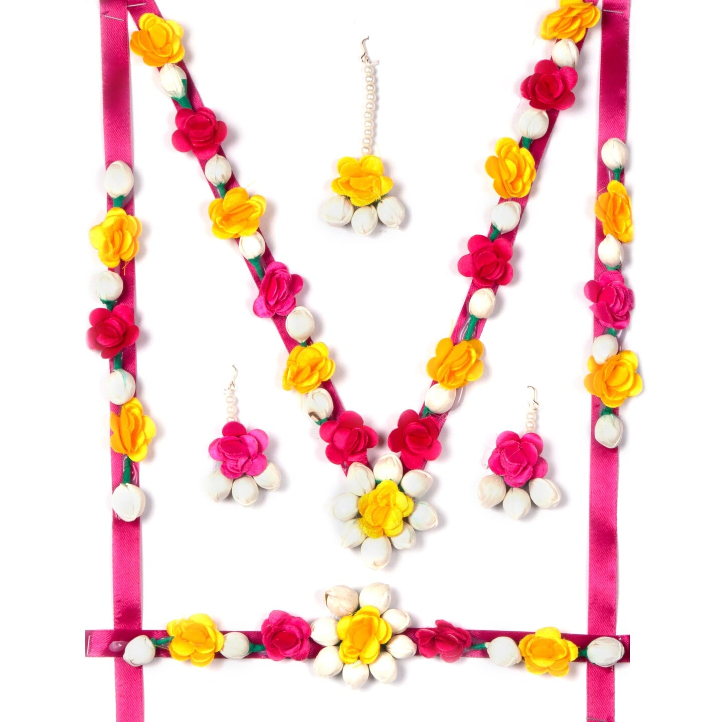 Flower Designer Jewelry Set for Women Handmade Necklace with Earrings Maang Tikka Wristbands Waistbelt Indian Artificial Jewelry for Haldi Mehndi Wedding Party Bridal