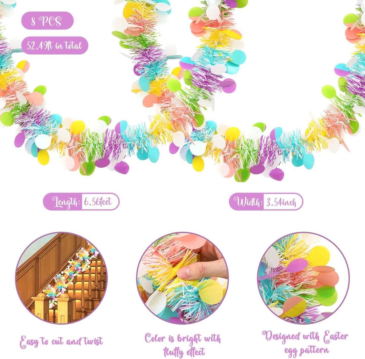 8 Rolls/ 52 Feet Easter Tinsel Garland Colorful Tinsel Twist Garland Spring Hanging Tinsel Ornament