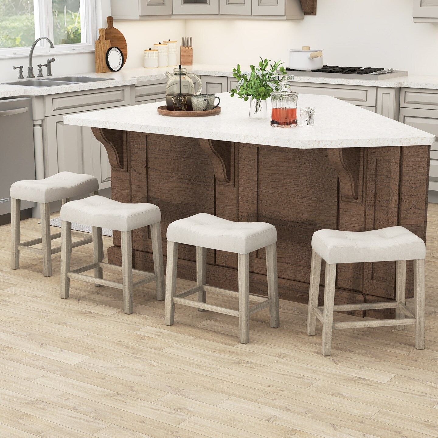 Set of 4 Upholstered Counter Height Bar Stool with Curved Saddle-Seat-Grey