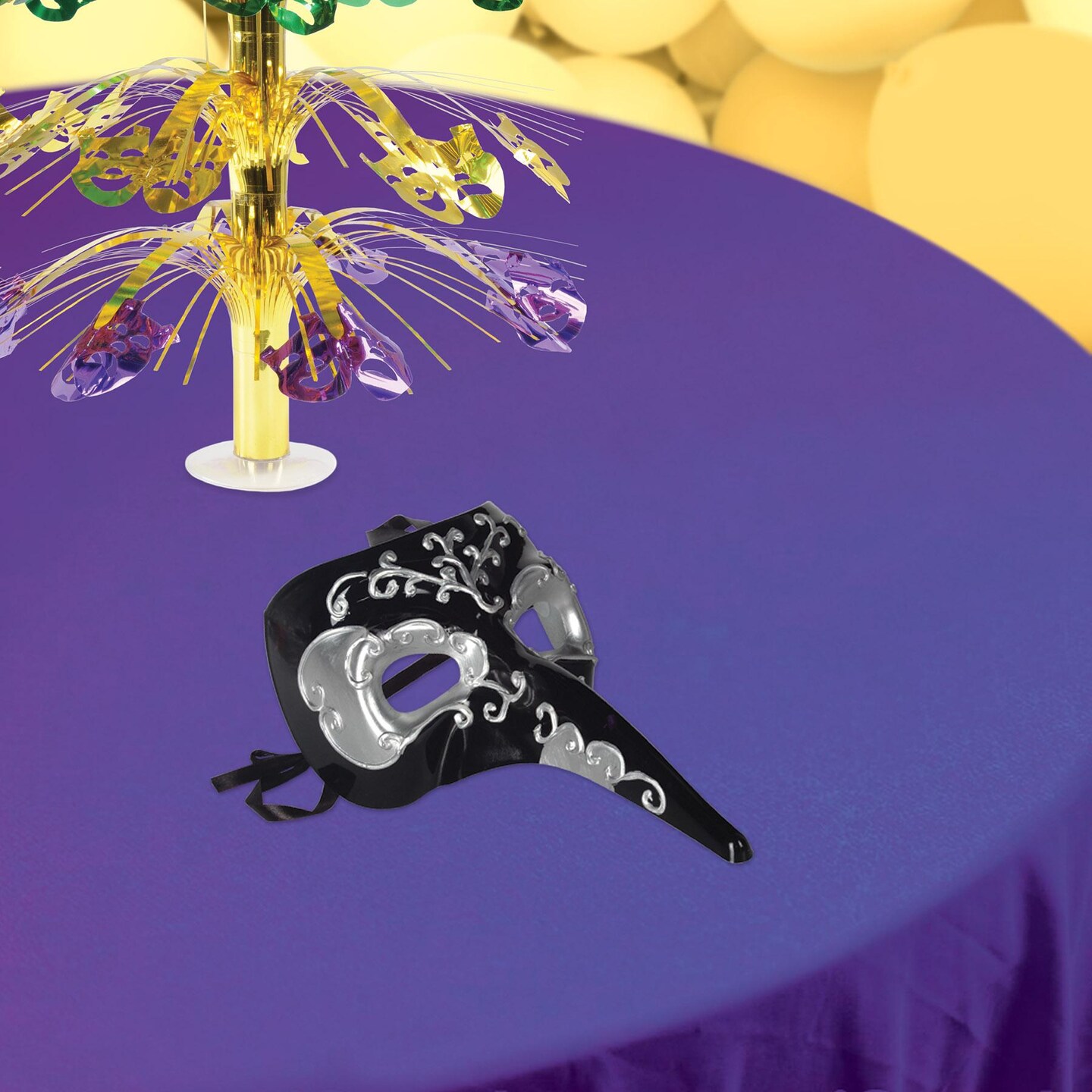 12 Pack Bulk Mardi Gras Long Nose Mask - black/silver - black ribbon ties