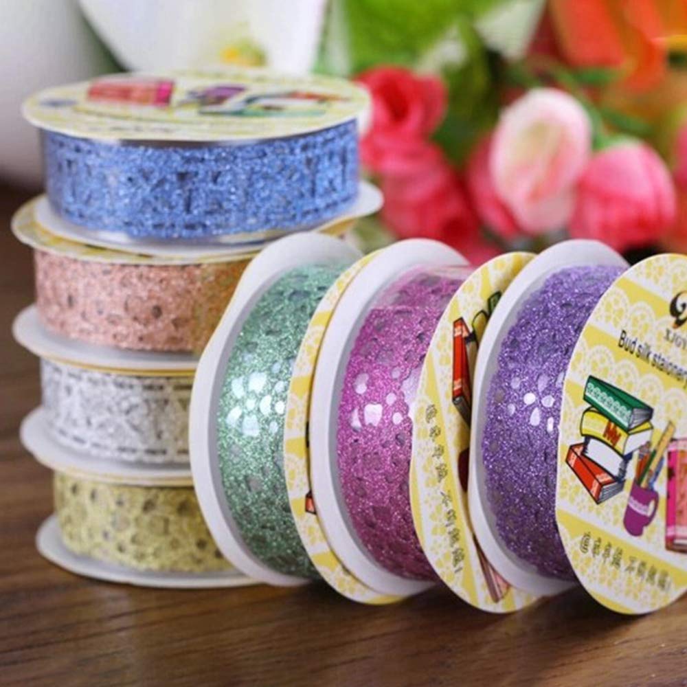SallyFashion Lace Washi Tape, 6 Roll Lace Pattern Glitter Bling Self-Adhesive Tape Diamond Washi Tape Masking DIY Scrapbooking Lace Tape Sticker Color Random