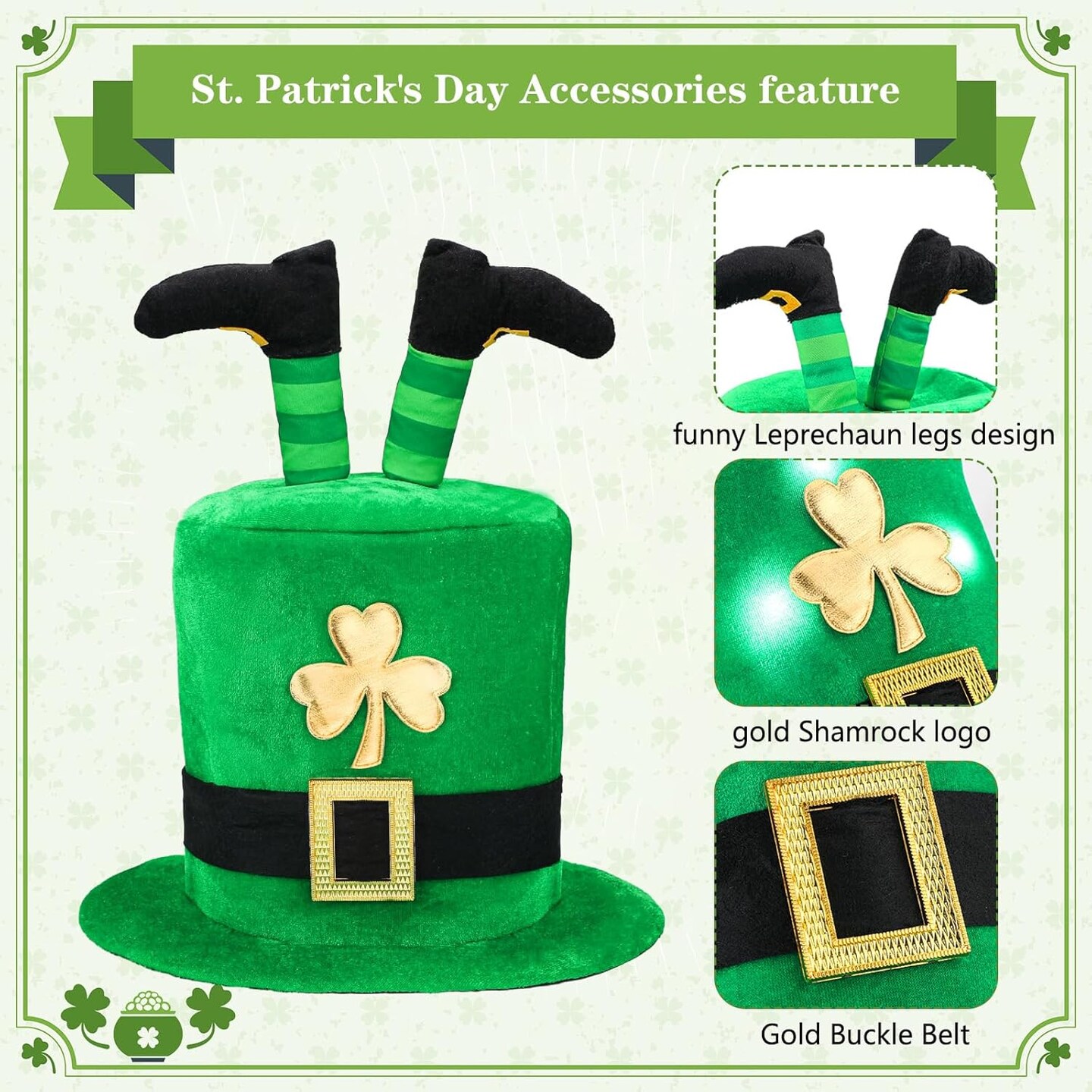 3 Pcs St. Patrick's Day Hats Irish LED Leprechaun Pants Hats Flashing Shamrock Necklaces and Light up Glasses St. Patrick's Day Costume Accessories for Party Supplies