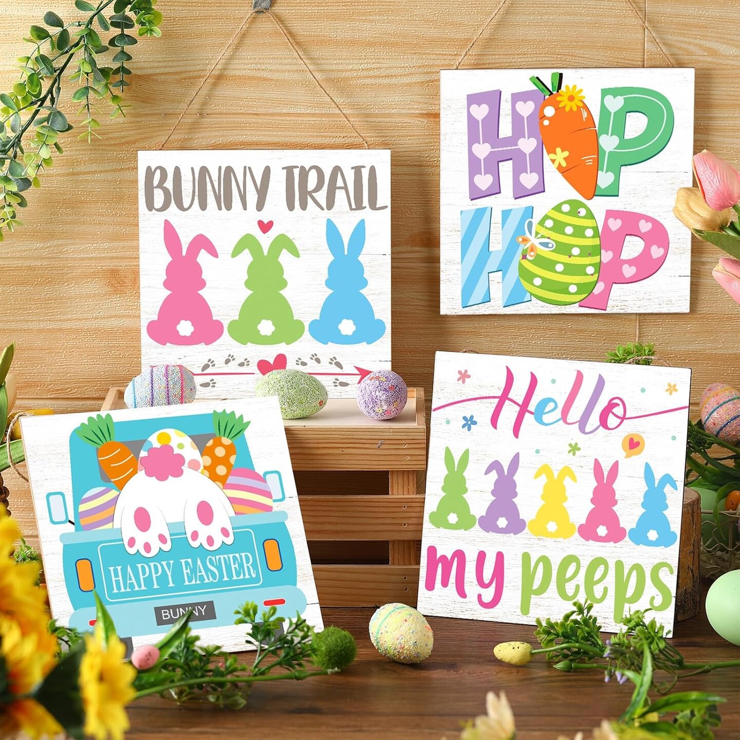 4PCS Happy Easter Door Signs – Wooden Bunny Wreaths & Wall Hanging Plaques for Front Porch & Home Decor