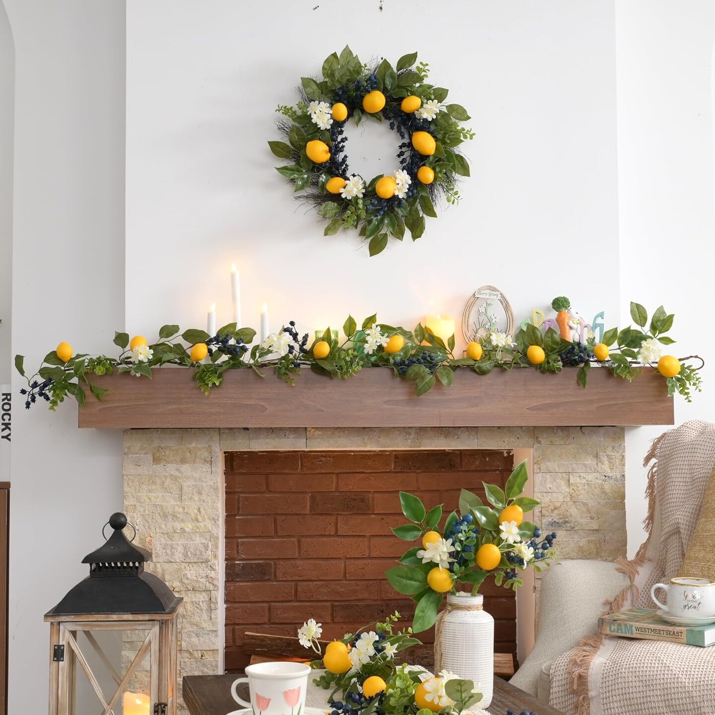 Spring Artificial Lemon Garland for Mantle with Lights, 6FT Summer Fake Fruit Garland Decoration for Stairs, Thin Faux Floral Greenery Vine for Table Centrepiece Farmhouse Home Decor