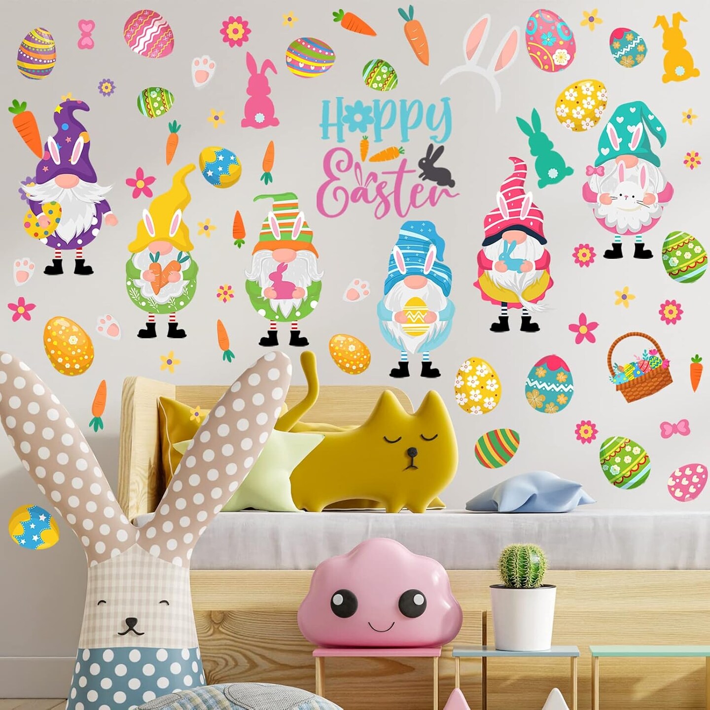 122 Pieces Easter Wall Clings Easter Gnome Wall Stickers Easter Window Decoration Egg Bunny Carrot Wall Decals for Bedroom Living Room Bathroom Window Decor