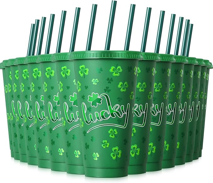 12 Pcs St. Patrick&#x27;s Day Plastic Cups 24 oz Reusable Irish Shamrock Sign Theme Tumbler with Lids and Straws Reusable Drinking Juice Cups for Patrick Day Irish Party Supplies Favors