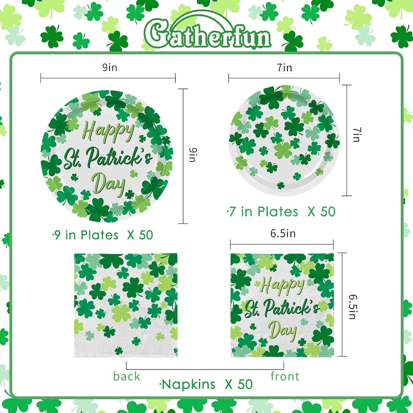 Irish Shamrock Themed Tableware Set, Paper Plates &#x26; Napkins for 50, St. Patrick&#x27;s Day Party Decorations, Disposable, Green, Decorative Plates, Pack