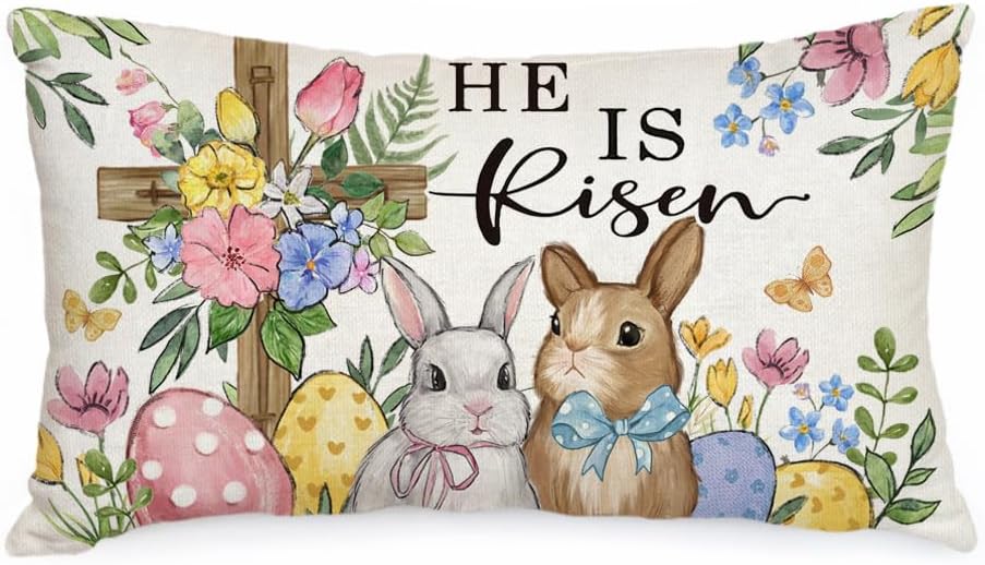 Easter Pillow Cover 12x20 Inch Cross Bunny Eggs Floral Decorative Pillow Case