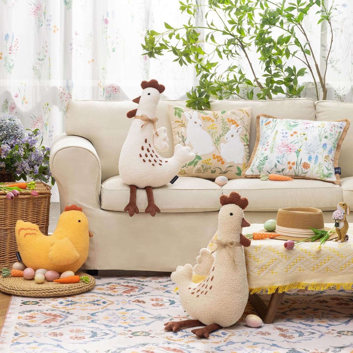 Happy Easter Shaped Throw Pillow, Soft Teddy Sherpa Chick Pillow, Decorative Easter Chicken Pillow with Wings Cockscomb Feet