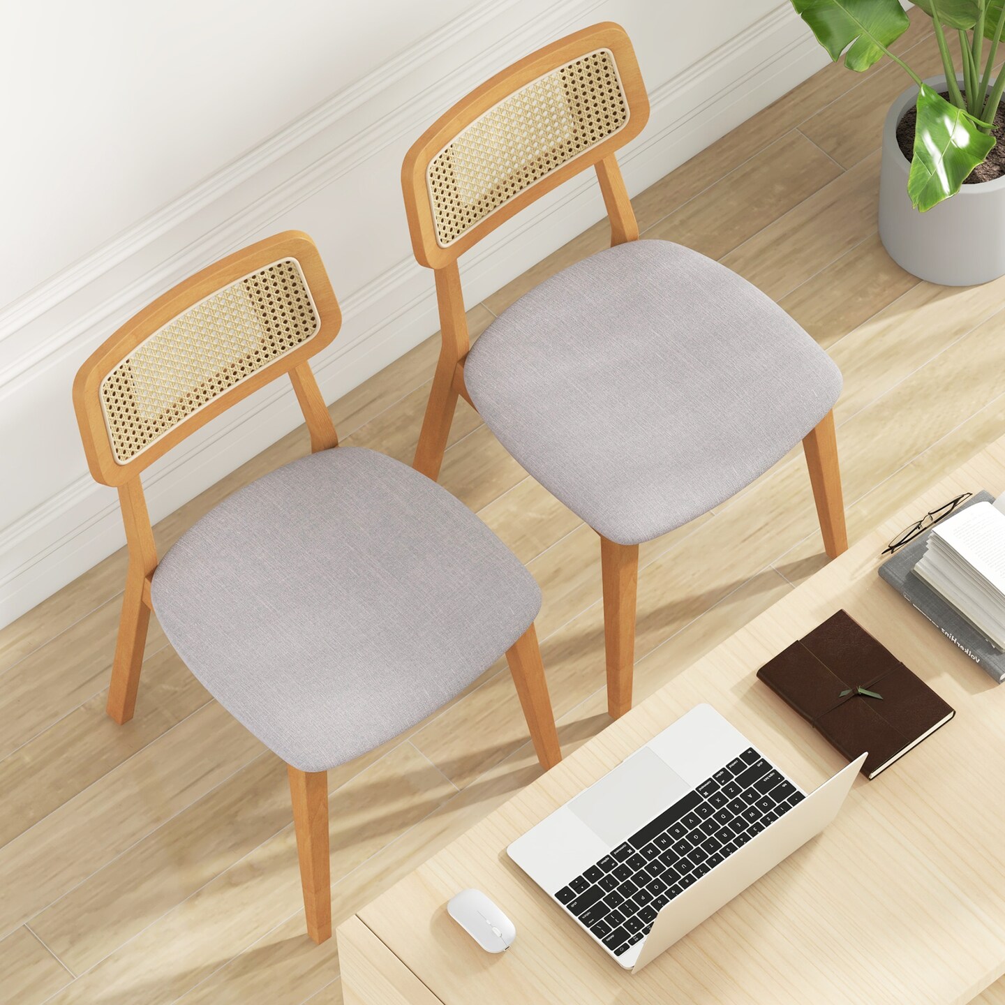 Rattan Dining Chair Set of 2 with Can Back and Rubber Wood Frame-Natural