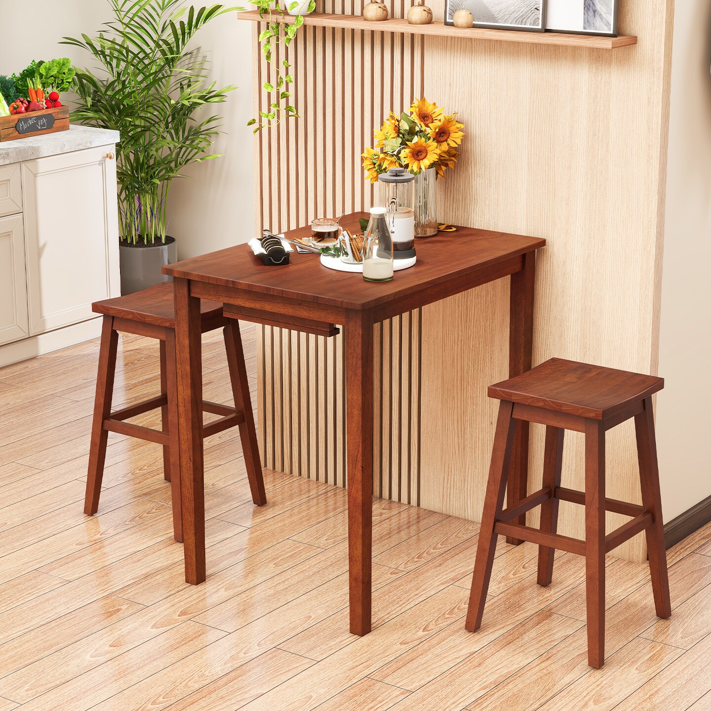 3-Piece Bar Table Set with Pub Table and 2 Saddle Stools-Brown