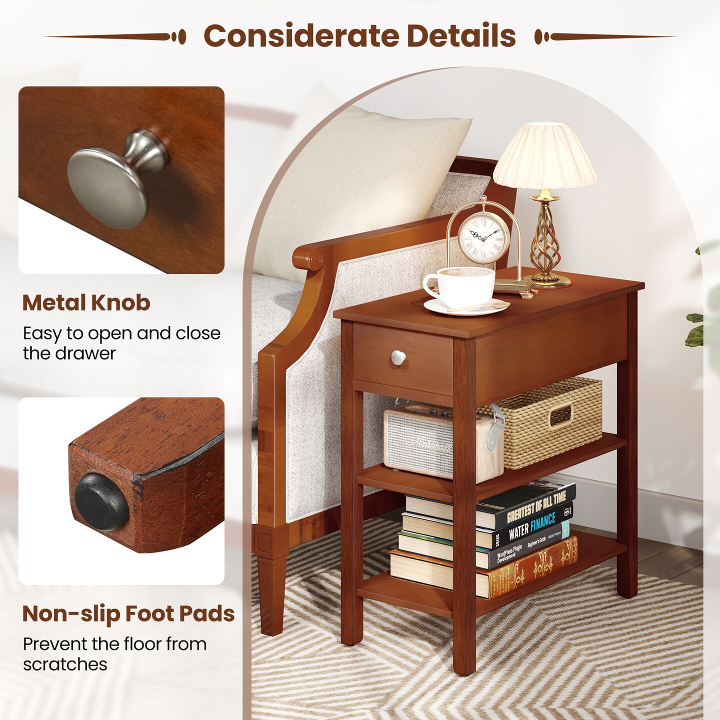 3-Tier Narrow End Table with Drawer and Storage Shelves Set of 2-Brown