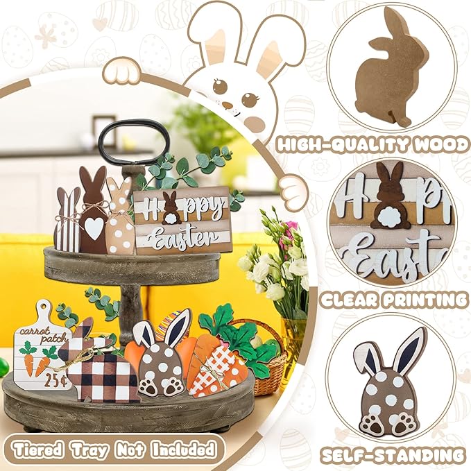 Easter Bunny Tiered Tray Decor, Farmhouse Tiered Tray Decorations, Happy Easter Bunny Carrots Buffalo Plaid Wooden Signs, Spring Rustic Rabbit Decor for Home Table Mantel Church Party