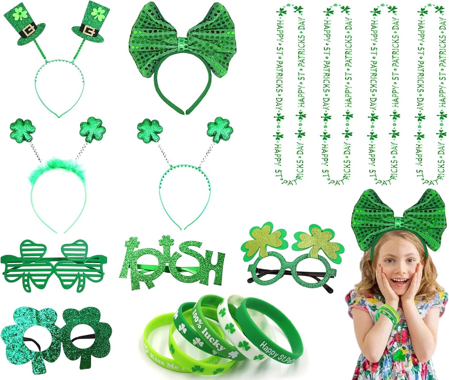 18 Pcs St. Patrick&#x27;s Day Accessories for Kids, St. Patrick&#x27;s Day Headbands, Lucky Bracelet, Shamrock Eyeglass and Clover Necklace for Irish Party Supplies Decorations