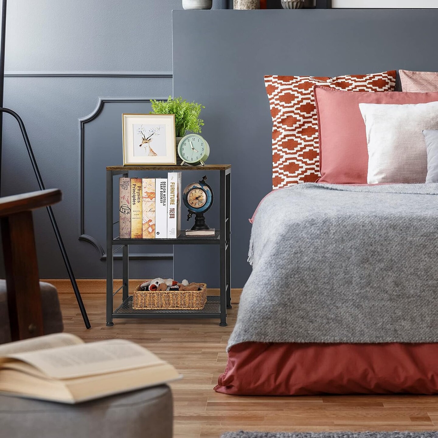 Side Table Small with Wheels Industrial Night Stand Storage Shelf 3 Tier Wood End Table with Metal Frame for Small Space Living Room Bedroom Kitchen Office