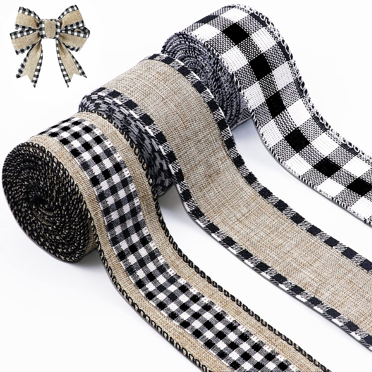 3 Rolls Christmas Buffalo Plaid Ribbon Wired Edge 9.9 Yard Plaid Burlap Ribbon Christmas Checked Burlap Ribbon for Christmas Tree Wrapping Crafts Decoration 1.5 inch Width(Black and White)