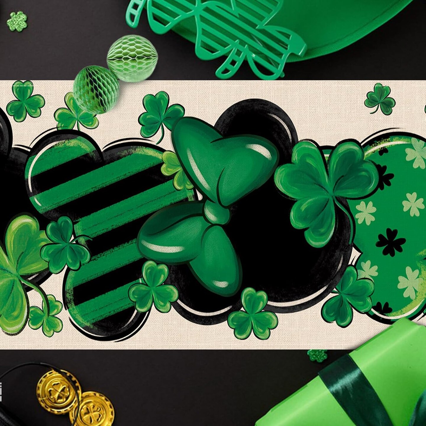 St. Patrick&#x27;s Day Table Runner, Shamrock Clover Top Hat Stripes Ladybug Kitchen Dining Table Decor, Irish Spring Home Decoration Indoor Outdoor Party Supply 13 x 72 Inches