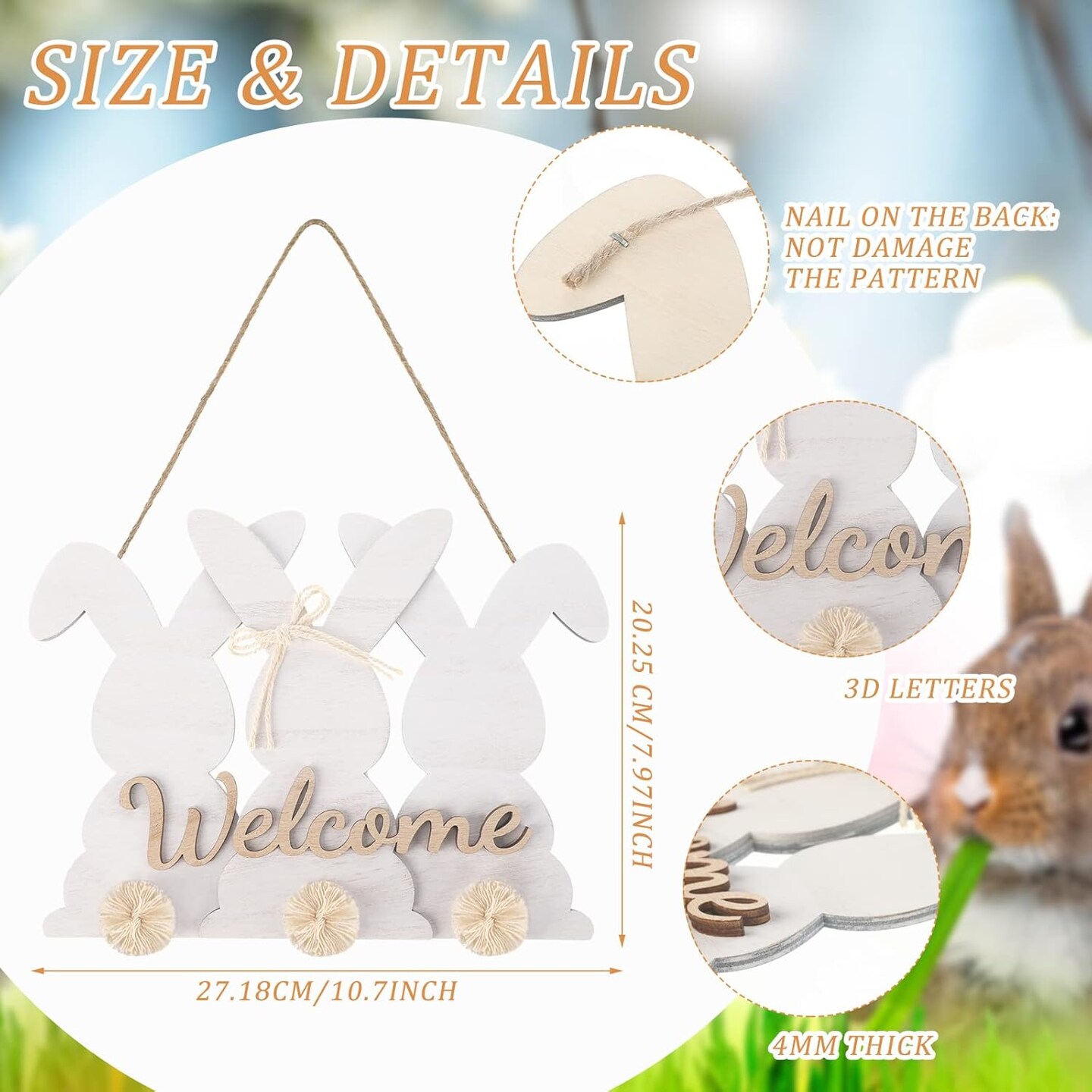Easter Bunny Welcome Door Sign Easter Wooden Door Decor Bunny Wreath Hanging Plaque Farmhouse Home Front Porch Rabbit Sign with Bow for Shop Home Garden Spring Decor(Natural Color)
