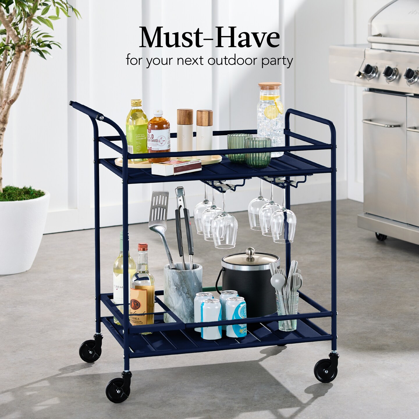 Best Choice Products 2-Tier Rolling Bar Cart Indoor/Outdoor w/ Storage Shelves, Wine Rack, Lockable Wheels